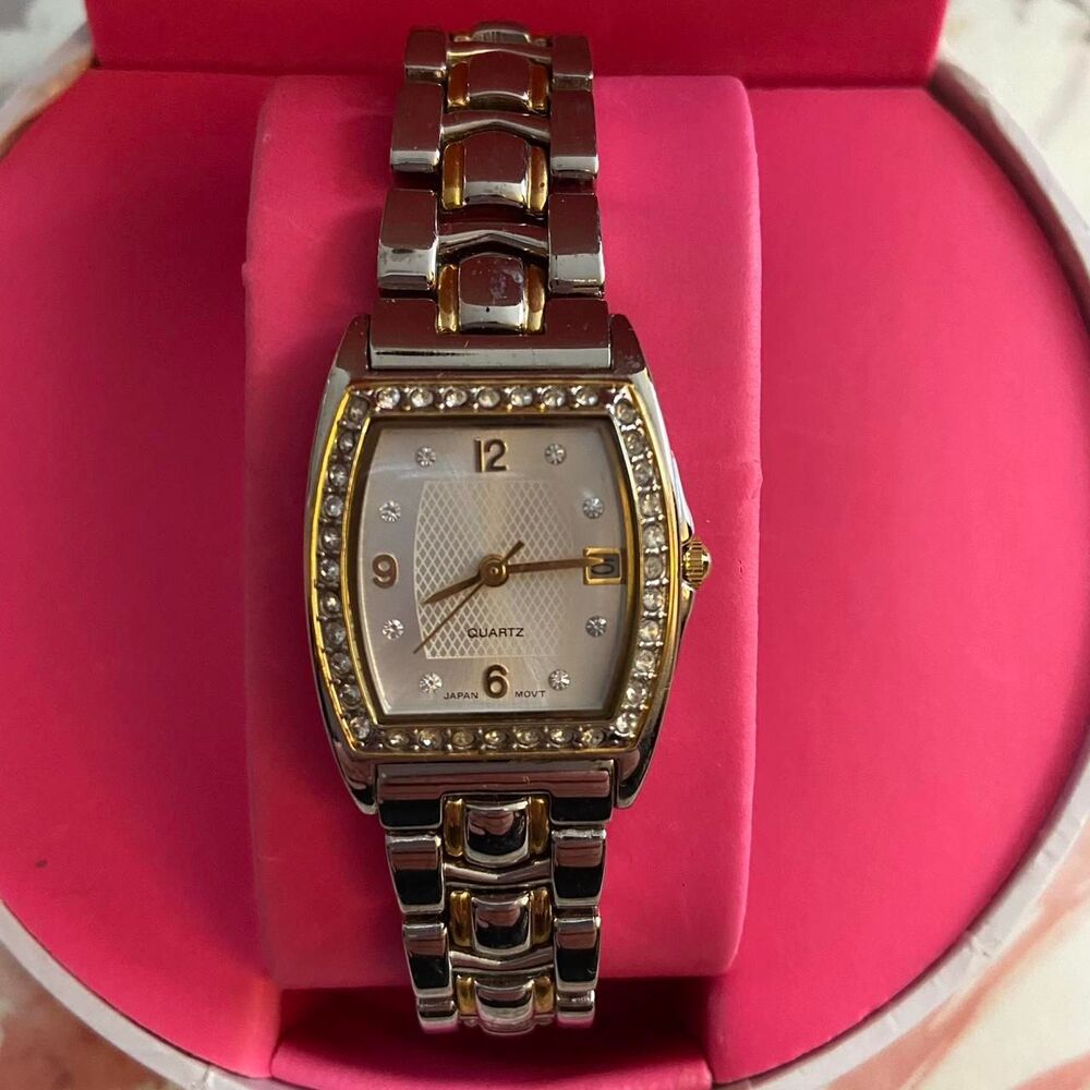 Silver and gold tone women's watch with stone accents